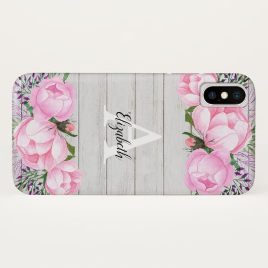 Coques Case-Mate iPhone Monogramme rose rustique de la pivoine | (Dos (Horizontal))