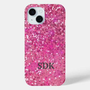 Coque Pour iPhone 15 Monogramme rose vif paillettes scintillement fémin