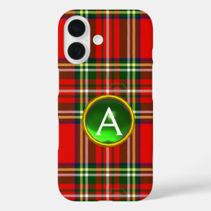 COQUES iPhone 16  MONOGRAMME ROUGE-ÉCOSSE TARTAN ET VERT EN PIERRE G