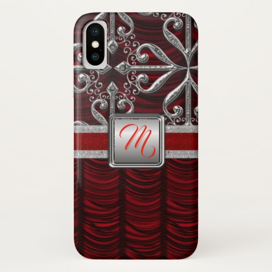 Coques Case-Mate iPhone Monogramme rouge élégant en argent (Dos)