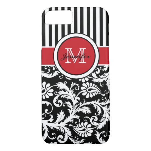 Coques Case-Mate iPhone Monogramme rouge noir blanc rayé Damas (Dos)