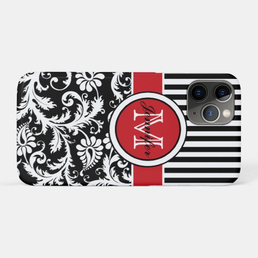Coques Case-Mate iPhone Monogramme rouge noir blanc rayé Damas (Dos (Horizontal))