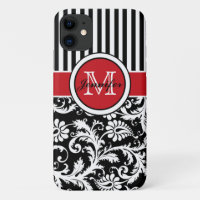 Monogramme rouge noir blanc rayé Damas