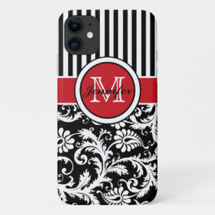Case-Mate iPhone Case Monogramme rouge noir blanc rayé Damas