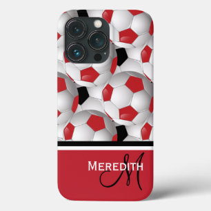 iPhone 13 Pro Coque Monogramme Rouge noir Motif de balle de soccer