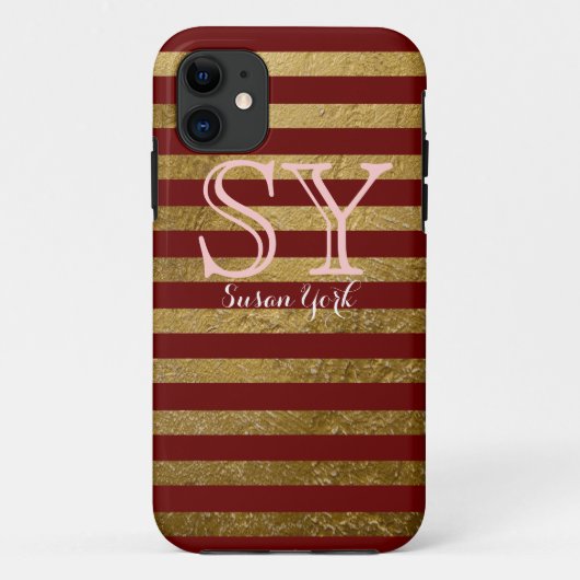 Coques Case-Mate iPhone monogramme rouge rayures dorées chic (Dos)