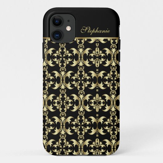 Coques Case-Mate iPhone Monogramme royal noir et or Damas (Dos)