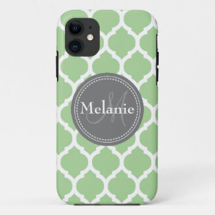 Coques Pour iPhone Monogramme Sage Green & Grey Quatrefoil