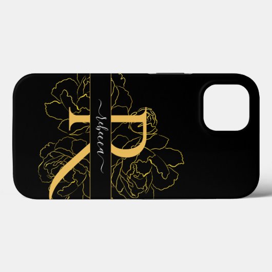 Coques Case-Mate iPhone Monogramme Script Nom moderne Black Gold Floral (Verso (horizontal))
