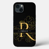Coques Case-Mate iPhone Monogramme Script Nom moderne Black Gold Floral (Verso)