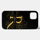 Coques Case-Mate iPhone Monogramme Script Nom Moderne Noir Or Floral (Verso (horizontal))