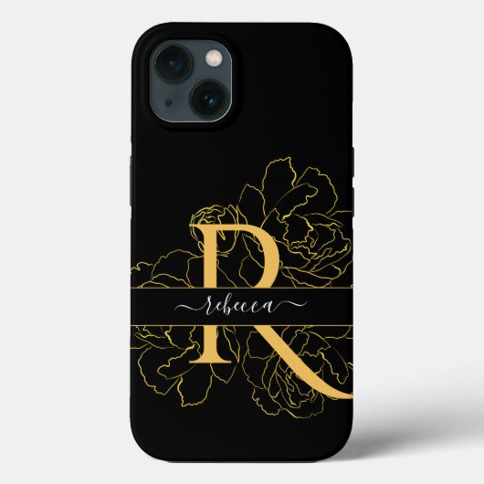 Coques Case-Mate iPhone Monogramme Script Nom Moderne Noir Or Floral (Verso)