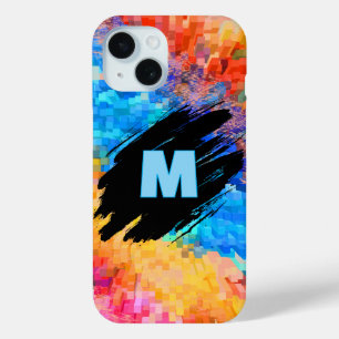 Coque Pour iPhone 15 Monogramme sur fond abstrait arc-en-ciel