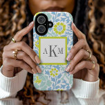 Coques iPhone 16 Monogramme sur mesure bleu et vert de Damas floral<br><div class="desc">Chic chic et chic motif damassé floral rétro girly personnalisé avec un monogramme préppy personnalisé 3 lettres en carré contrasté. Cliquez sur le bouton Customiser pour modifier les polices et les couleurs monographiques afin de créer une conception unique.</div>
