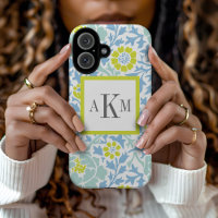 Monogramme sur mesure bleu et vert de Damas floral