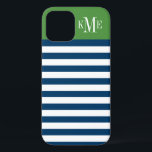 Coques Pour iPhone Monogramme sur mesure de la marine verte moderne<br><div class="desc">Habillez et protégez votre iphone avec un design motif rayé simple, moderne et élégant qui est personnalisé monogrammed avec vos initiales premier, milieu et nom de famille dans une police serif preppy. Des rayures horizontales bleu marine foncé et blanc contrastent avec un arrière - plan de bloc couleur vert olive....</div>