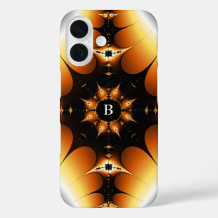 Coques iPhone 16 Monogramme symétrique noir et orange fractal