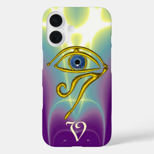 Coques iPhone 16 MONOGRAMME TALISMAN BLEU Turquoise, Blanc violet