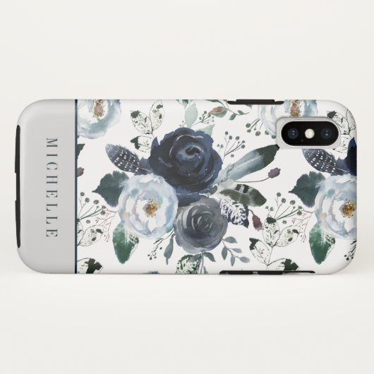 Coques Case-Mate iPhone Monogramme tendance Boho Feathy et fleurs bleues (Dos (Horizontal))