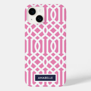 Coque Pour iPhone 14 Monogramme Treillis Navy et Rose