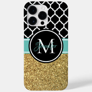 Coque Pour Pour iPhone 14 Pro Max Monogramme Treillis Noir Blanc Sarcelle Paillettes