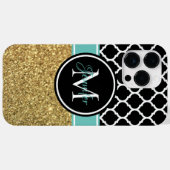 Coques Case-Mate iPhone Monogramme Treillis Noir Blanc Sarcelle Paillettes (Verso (horizontal))