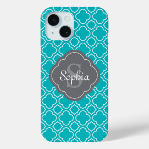 Coque Pour iPhone 15 Monogramme Turquoise et gris Arabesque Motif