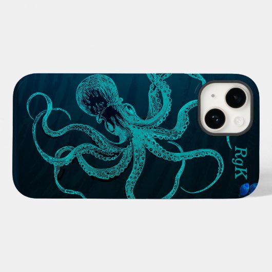 Coques Case-Mate iPhone Monogramme Turquoise et Octopus bleu (Verso (horizontal))