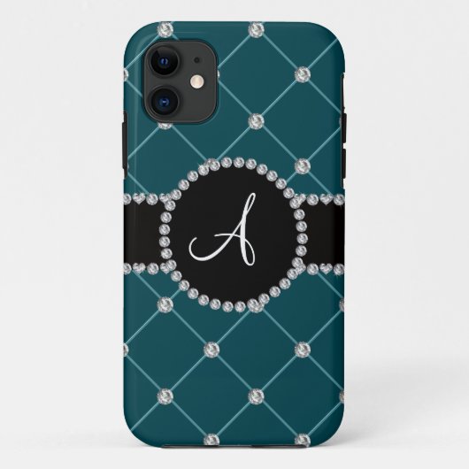Coques Case-Mate iPhone Monogramme turquoise foncé carreau (Dos)