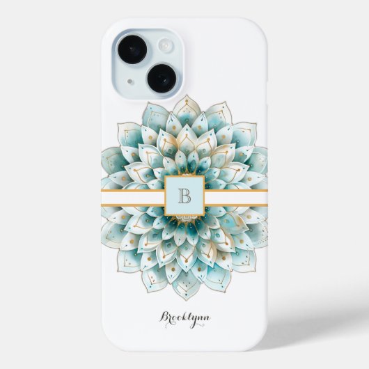 Coques Case-Mate iPhone Monogramme Turquoise Gold Flower Mandala (Verso)