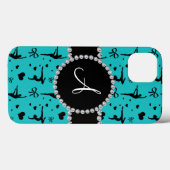 Coques Case-Mate iPhone Monogramme turquoise gymnastique coeurs arcs (Verso (horizontal))