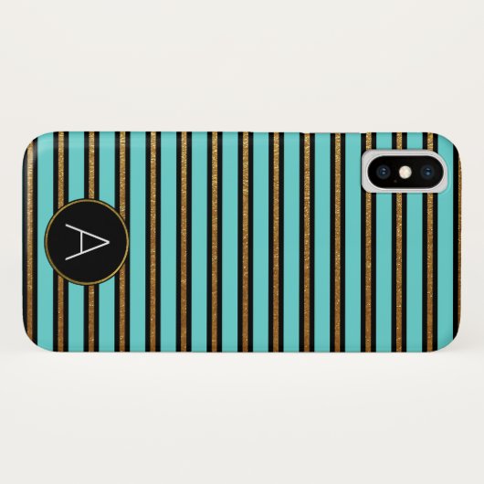 Coques Case-Mate iPhone Monogramme Turquoise, Noir et Or Foil strié (Dos (Horizontal))