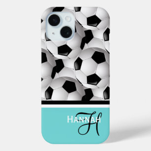 Coque Pour iPhone 15 Monogramme Turquoise Soccer Motif de balle