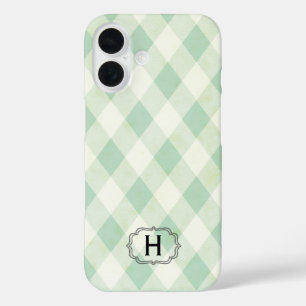 Coques iPhone 16 Monogramme unique encadré sur gingham vert et ment