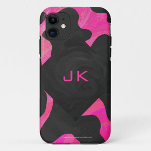 Coque iPhone 11 Monogramme vache rose chaud et noir