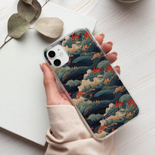Coque Pour iPhone 14 Monogramme Vague Bleue et Rouge Seigaiha Japonaise