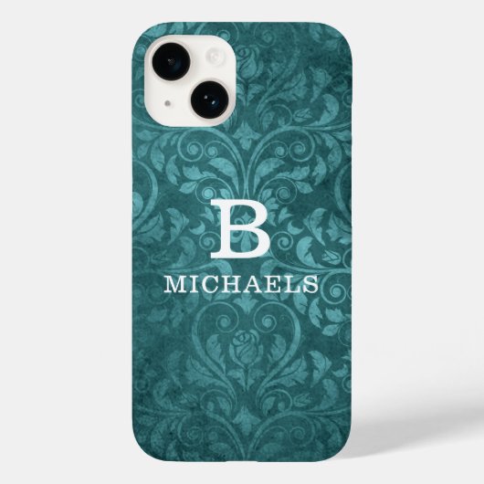 Coques Case-Mate iPhone Monogramme Vert Damas Floral Nom personnalisé (Verso)