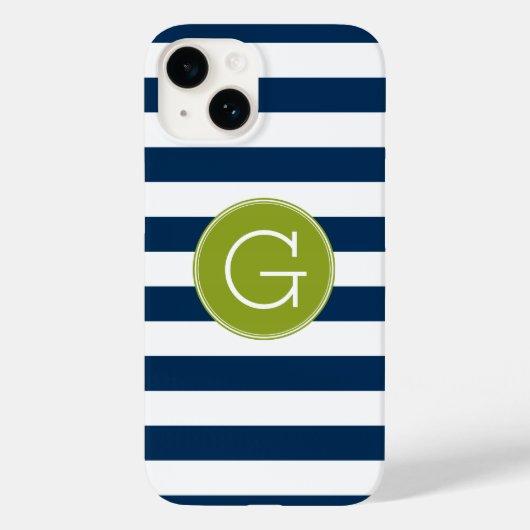Coques Case-Mate iPhone Monogramme vert Motif rayé blanc et marine (Verso)