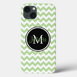 Coques Pour iPhone Monogramme vert noir et blanc Chevron