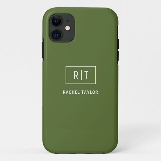 Coques Case-Mate iPhone Monogramme vert olive foncé moderne (Dos)