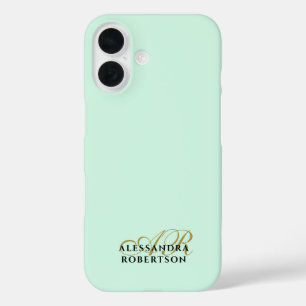 Coques iPhone 16 Monogramme vert pastel Or Noir Minimaliste Simple