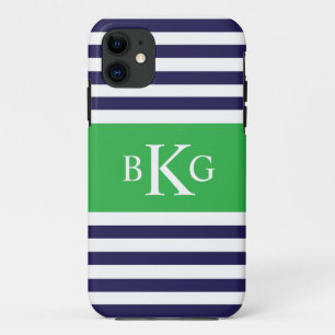 Coques Pour iPhone Monogramme vert pomme de rayures de marine