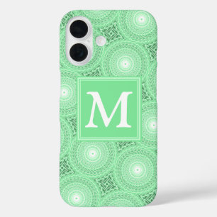 Coques iPhone 16 Monogramme vert ressort cercles motif