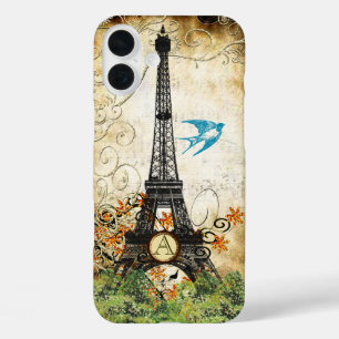 Coques iPhone 16 Plus Monogramme Vintage Bird Tour Eiffel