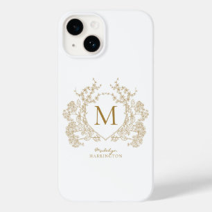 Coque Pour iPhone 14 Monogramme Vintage classique de crête florale d'or