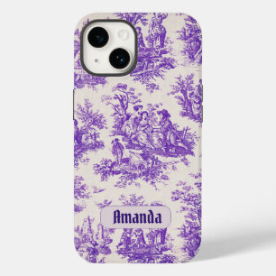 Coque Pour iPhone 14 monogramme vintage fleuri violet toile de jouy