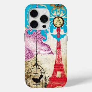 Coque iPhone 15 Pro Monogramme Vintage Oiseau Effiel Tour Damassé iPho