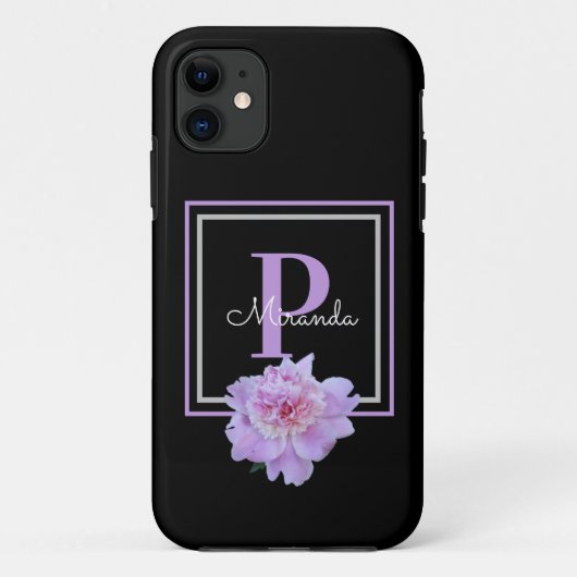 Coques Case-Mate iPhone Monogramme violet rose pivoine noir (Dos)