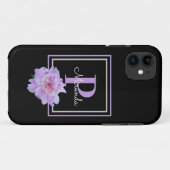 Coques Case-Mate iPhone Monogramme violet rose pivoine noir (Dos (Horizontal))
