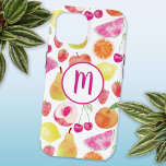 Coque Pour iPhone 15 Monogramme Watecolore Fruit<br><div class="desc">Motif de fruits d'aquarelle avec un monogramme. Joli design frais et coloré pour les gourmands. Modifiez la valeur initiale pour customiser. Art original de Nic Squirrell</div>